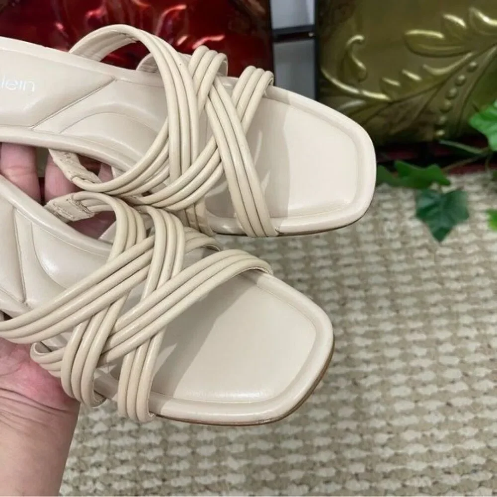 Calvin Klein Terisa Block Heel Slide Sandals in Natural Size 6.5